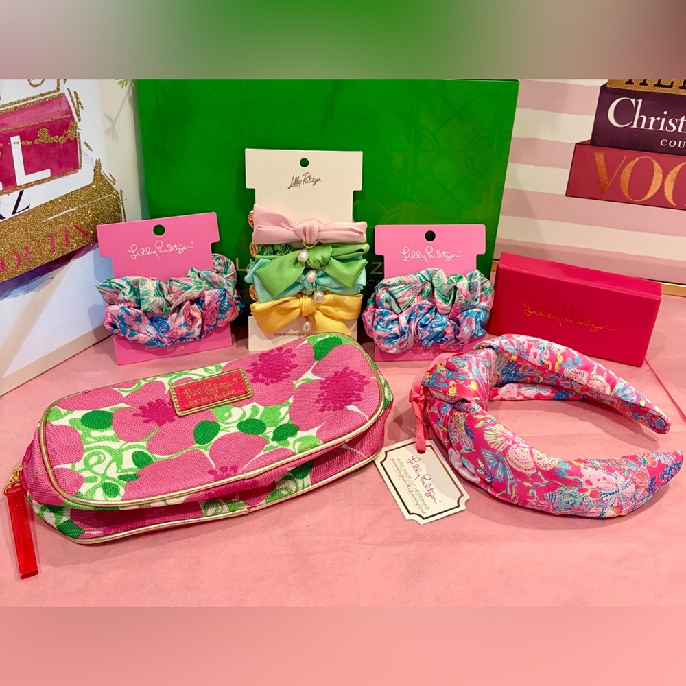 NWT LILLY PULITZER Pink/Multi Floral Headband/4 Scrunchies/Cosmetic Bag/2 Soaps - Picture 3 of 13